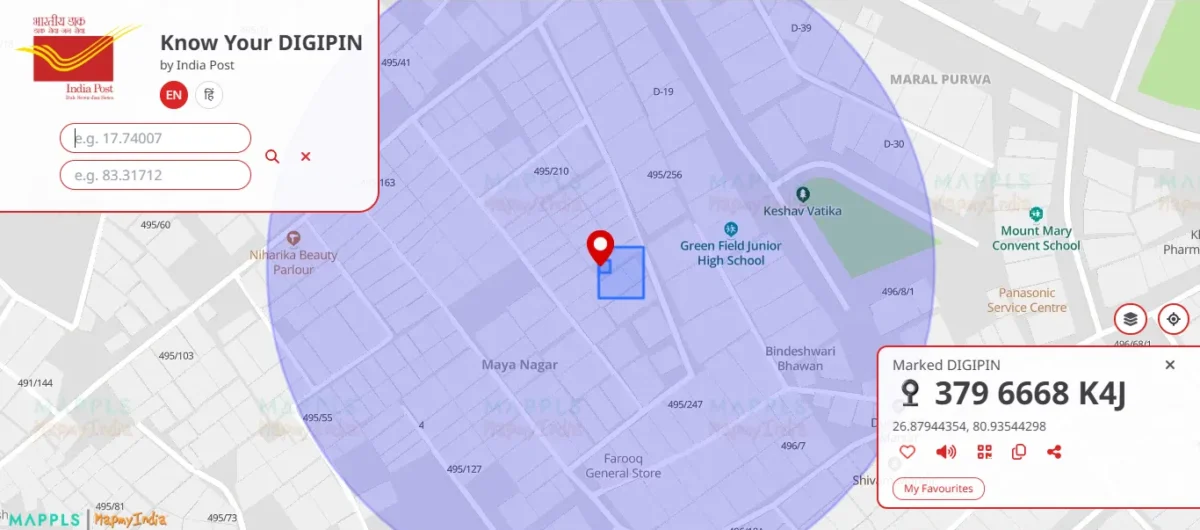 Screenshot of India Post Know Your DIGIPIN portal showing Search Location coordinate fields