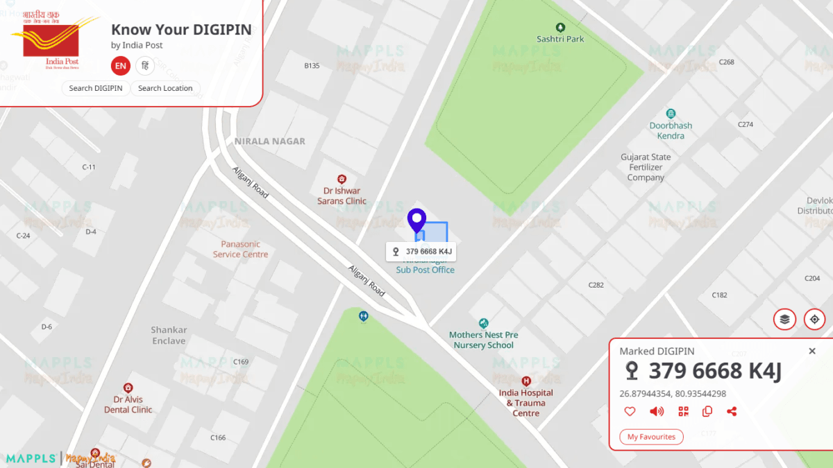 DIGIPIN result 379 6668 K4J for Nirala Nagar Sub Post Office Lucknow shown on Know Your DIGIPIN map