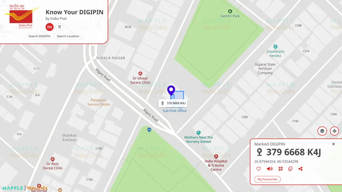 Know Your DIGIPIN: How to Find Yours (2026 Guide) — What is DIGIPIN & Its Benefits" 3 DIGIPIN result 379 6668 K4J for Nirala Nagar Sub Post Office Lucknow shown on Know Your DIGIPIN map