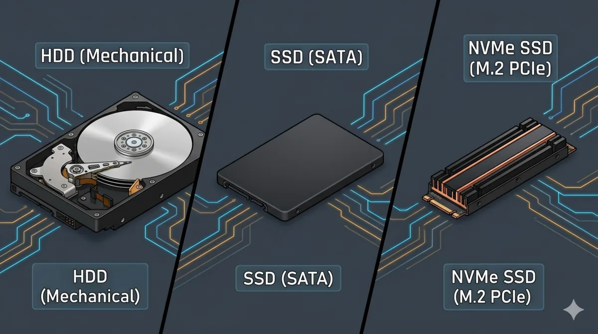 Understanding the Storage and the Different Types of Storage: SSD vs. HDD vs. NVMe 1 Understanding Data Storage: SSD vs. HDD vs. NVMe Explained