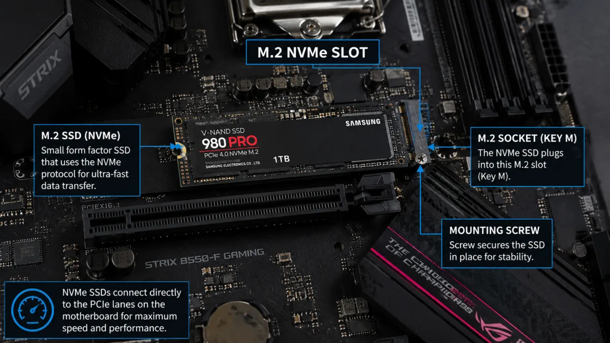 Understanding the Storage and the Different Types of Storage: SSD vs. HDD vs. NVMe 4 Understanding Data Storage: NVMe placement in mother board