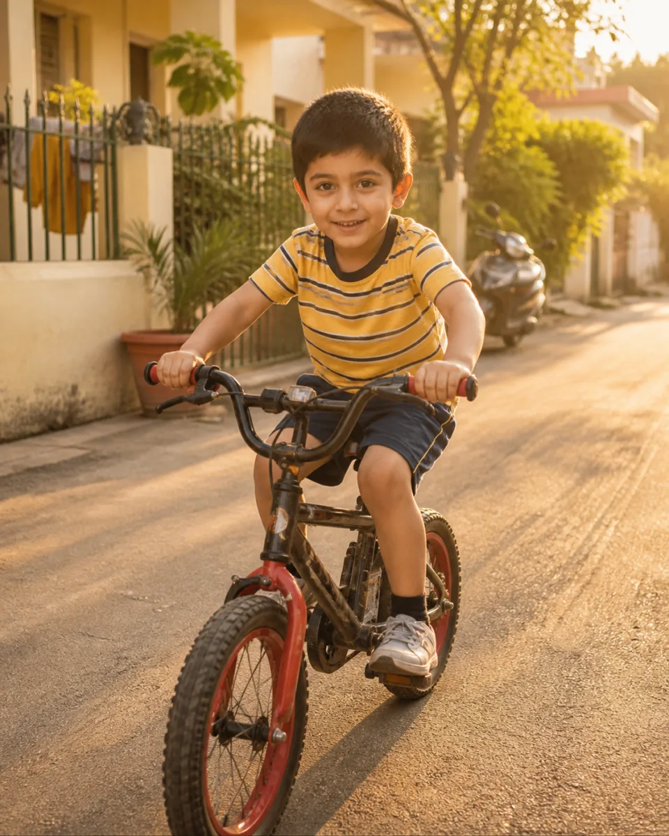 ChatGPT “Meet Your Younger Self” Trend: How to Create Viral AI Childhood Photos (25 Detailed Prompts) 4 Bicycle in Colony Street (Golden Hour)