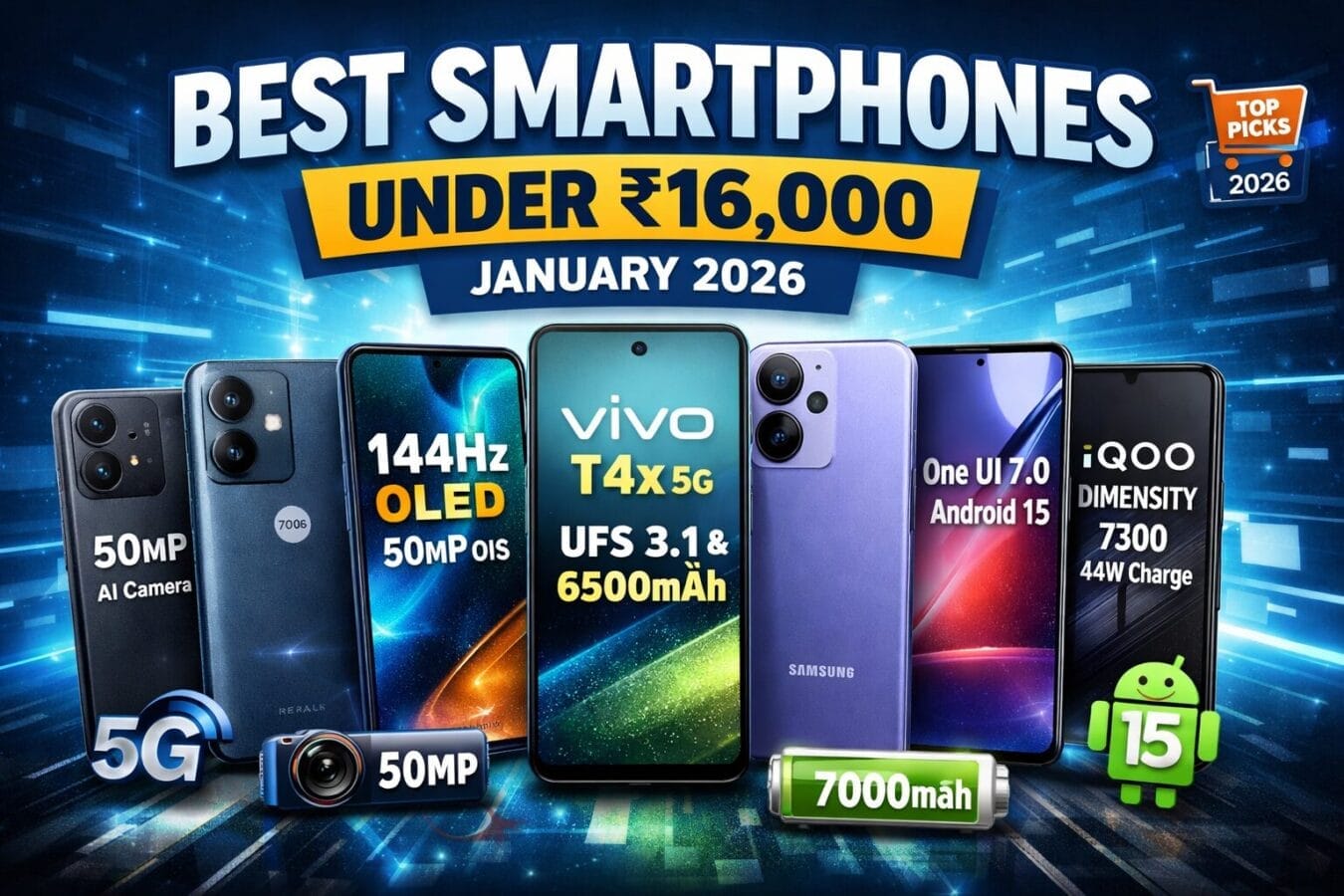 Best Smartphones Under 16000 in India ( Jan 2026): Battery, Camera, UFS Storage & Performance Compared 1 Discover Best Smartphone Under 16000 in India In Jan 2026