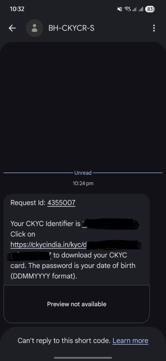 Message recieved from CKYC