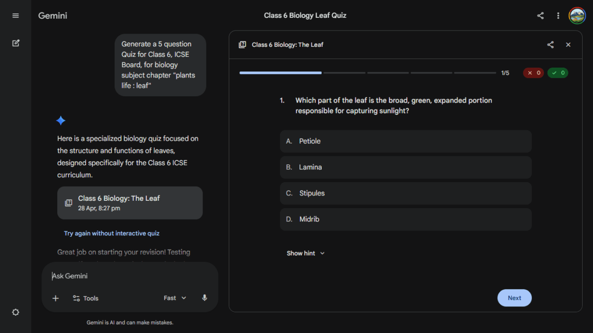 Gemini AI interactive quiz UI showing a question about the leaf lamina with a correct answer explanation.
