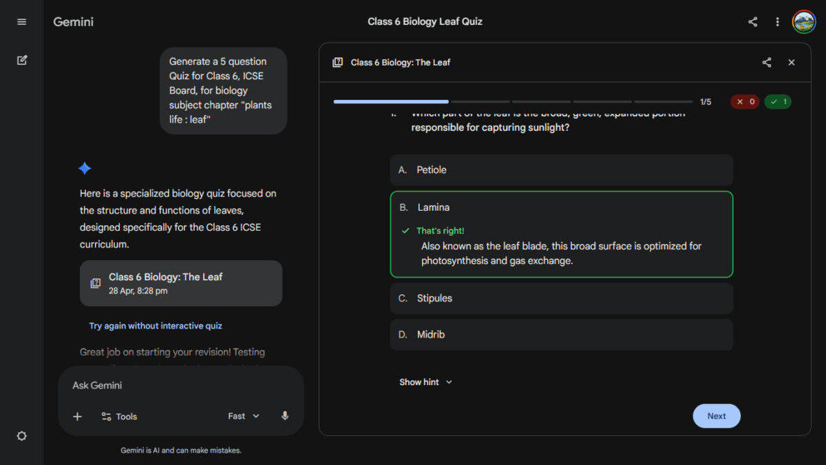 Gemini AI interactive quiz UI showing a question about the leaf lamina with a correct answer explanation.