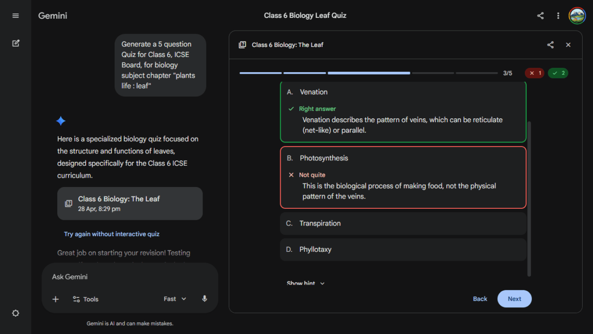 Gemini quiz interface showing an incorrect answer explanation for a biology question.