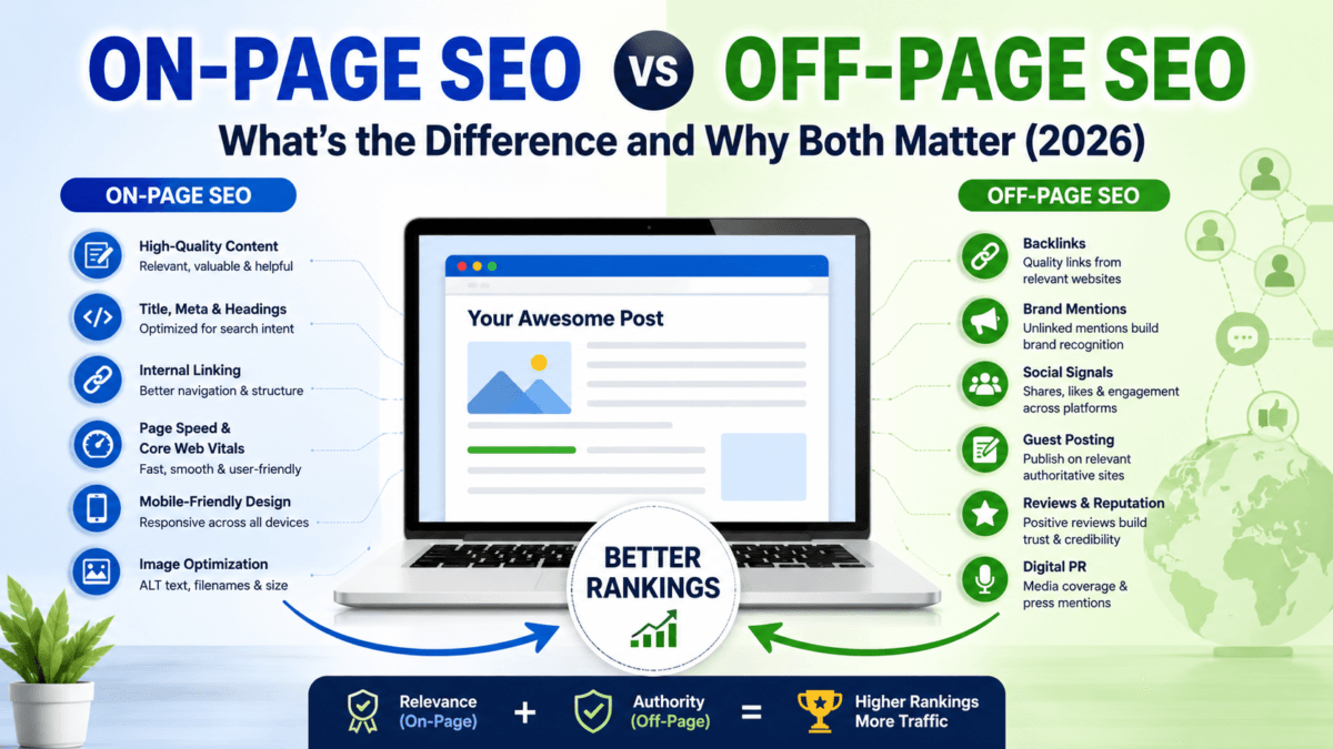On-Page SEO and Off-Page SEO: What's the Difference and Why Both Matter (2026) 1 On page seo and off page seo differences