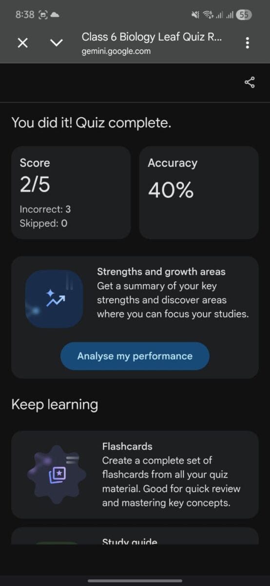 Quiz results and performance analysis dashboard in Gemini AI