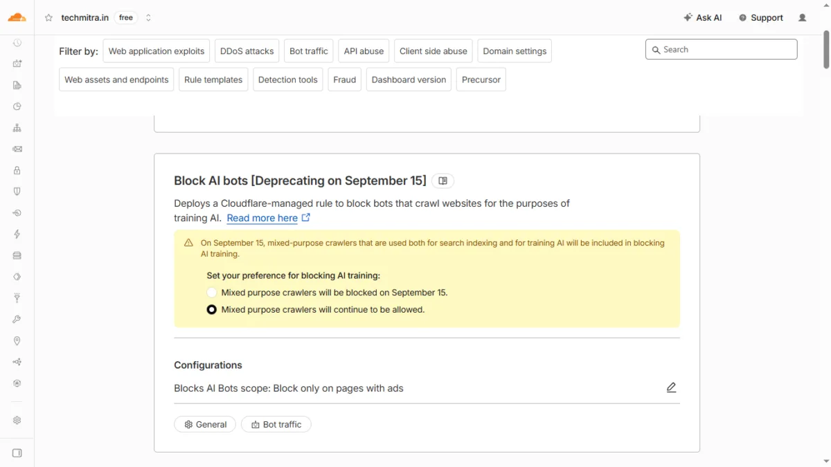 Cloudflare Bot Fight Mode: Its Impact on My Website Traffic (Updated July 2026) 3 Screenshot Block AI Bots September 15