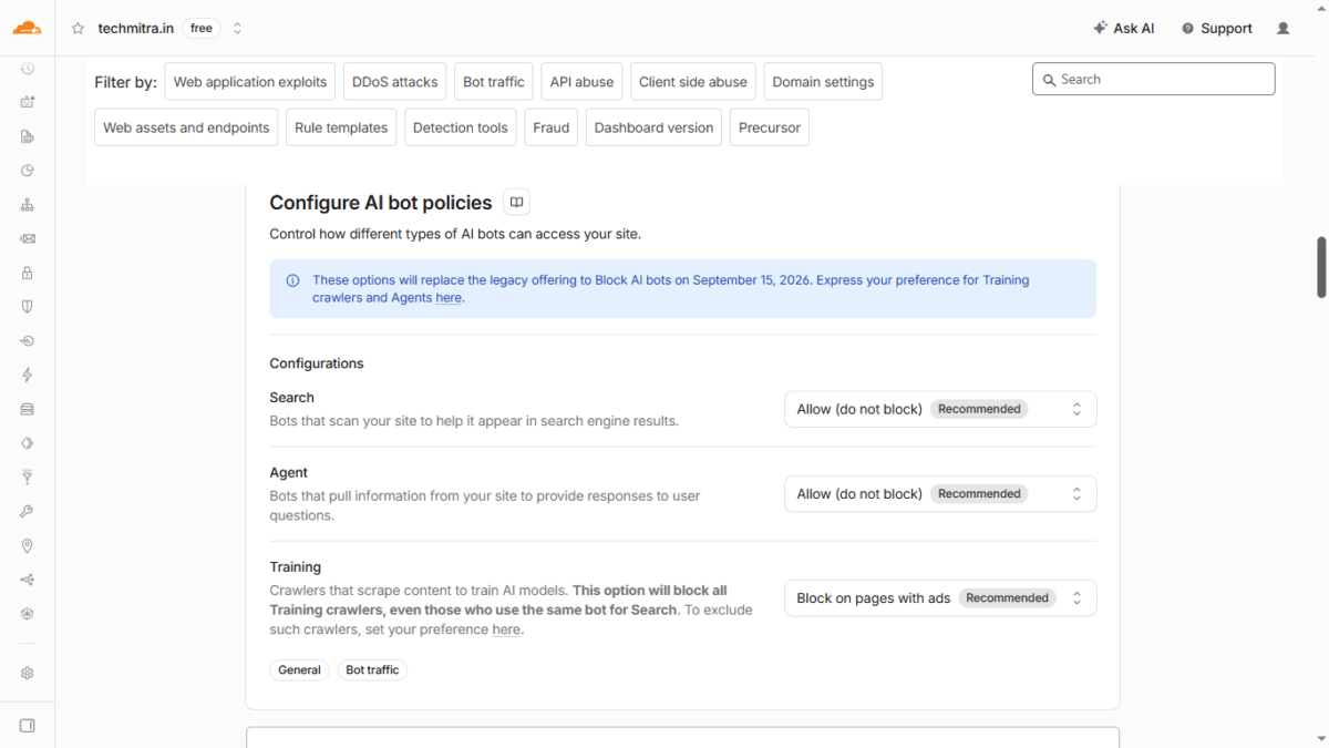 Cloudflare Bot Fight Mode new Configure AI bot policies