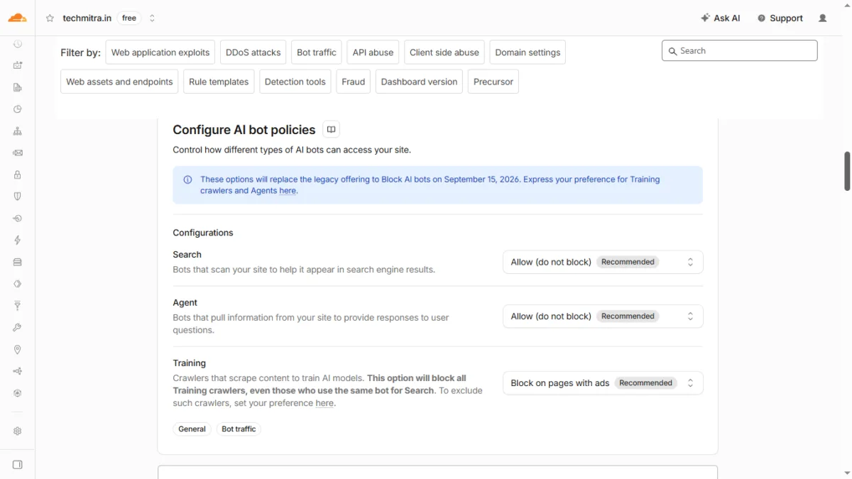 Cloudflare Bot Fight Mode: Its Impact on My Website Traffic (Updated July 2026) 2 Cloudflare Bot Fight Mode new Configure AI bot policies
