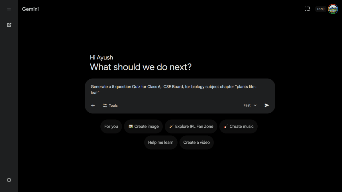 Gemini AI interface showing a prompt for a Class 6 ICSE Biology quiz on leaves.