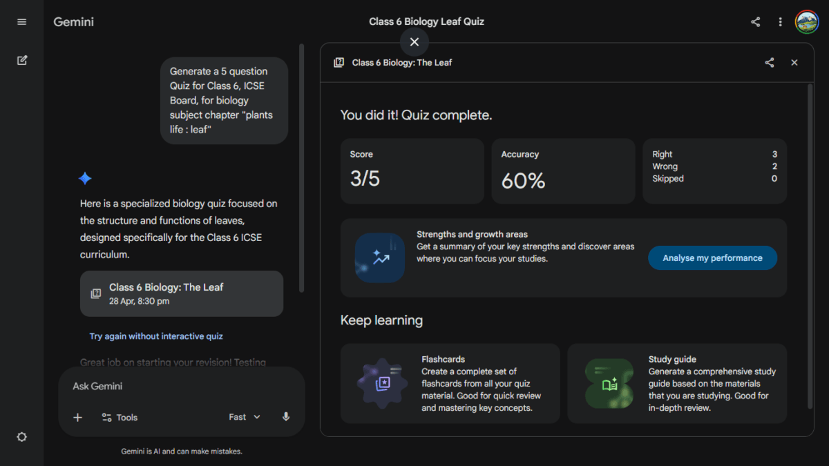 Gemini AI quiz completion screen showing a 60% accuracy score and performance analysis options.