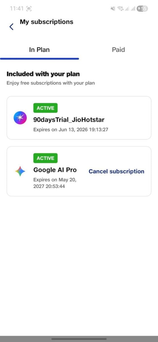 Jio 449 Postpaid Google AI Pro Gemini subscription proof 2026