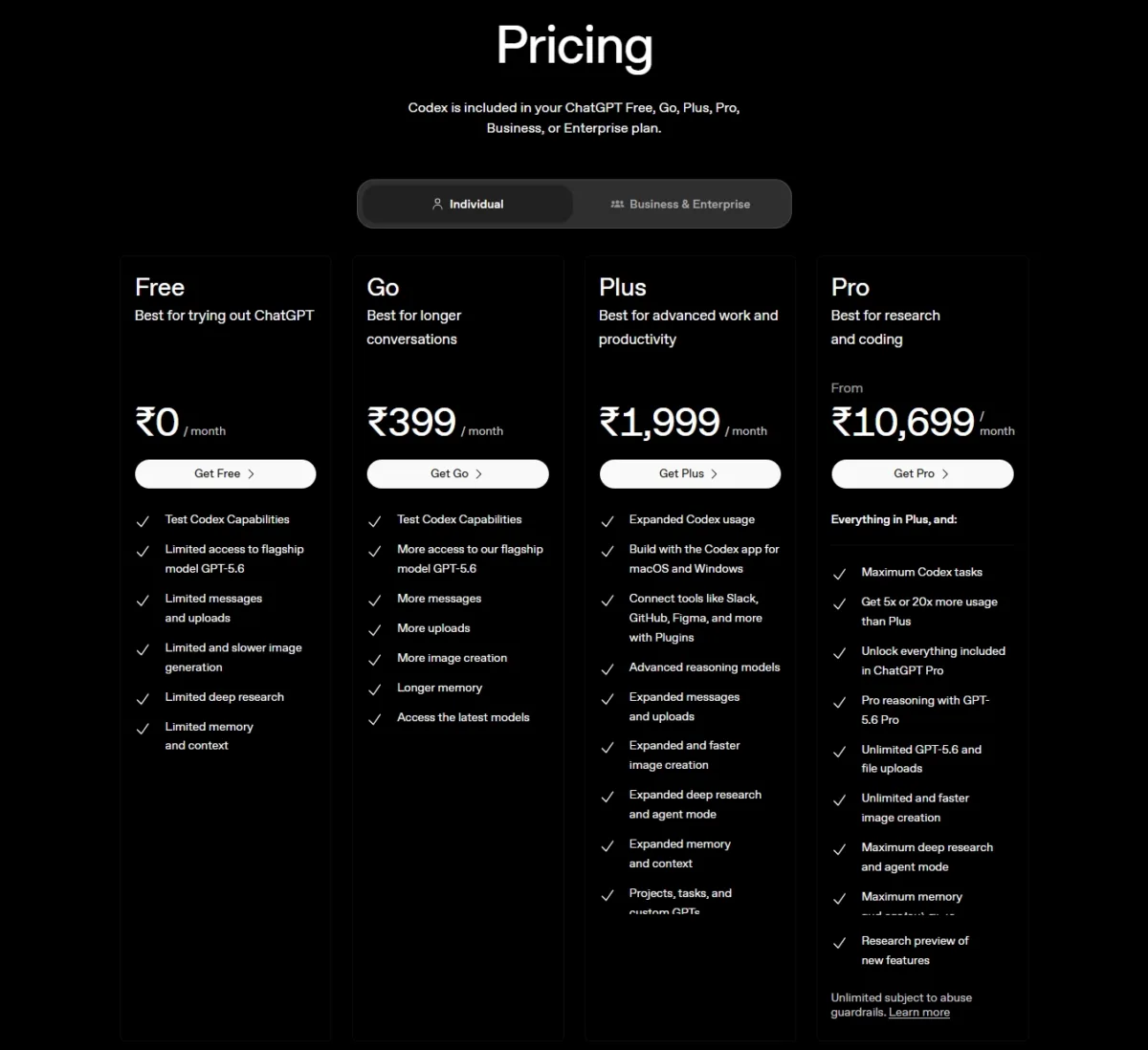 Screenshot of chatgpt codex pricing 