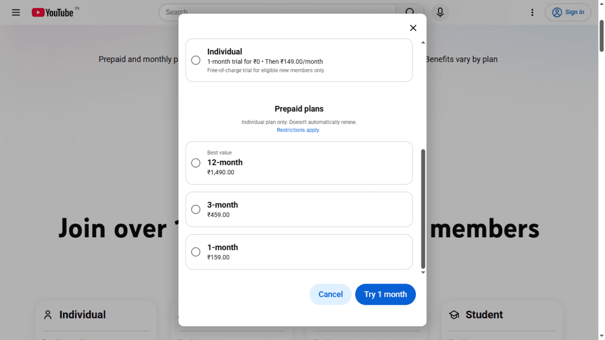 YouTube Premium Lite vs Premium in India (2026): Which Plan Should You Choose? 3 Screenshot from Youtube prepaid plans screen