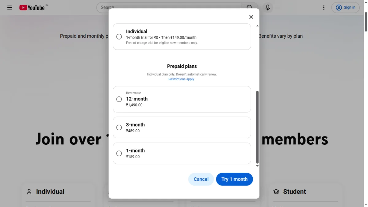 Screenshot from Youtube prepaid plans screen