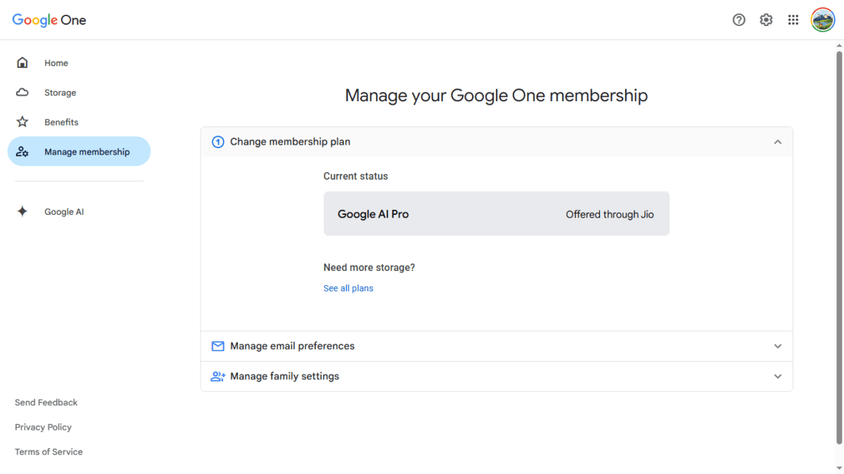 Google AI Pro 5TB storage upgrade via Jio showing in Google One account