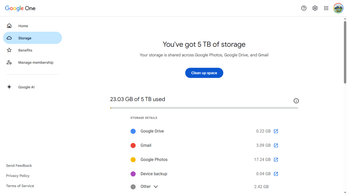 Google AI Pro 5TB storage upgrade via Jio showing in Google One account