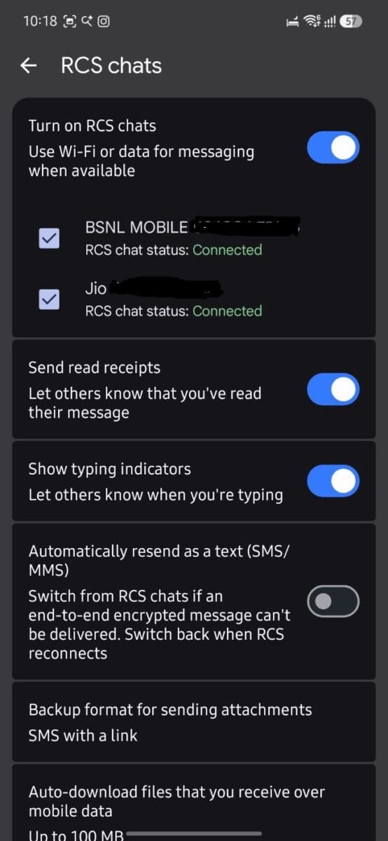 RCS chats settings — BSNL Mobile and Jio both showing "RCS chat status: Connected