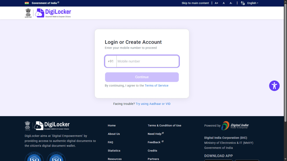DigiLocker desktop web dashboard showing issued documents carousel and main navigation sidebar
