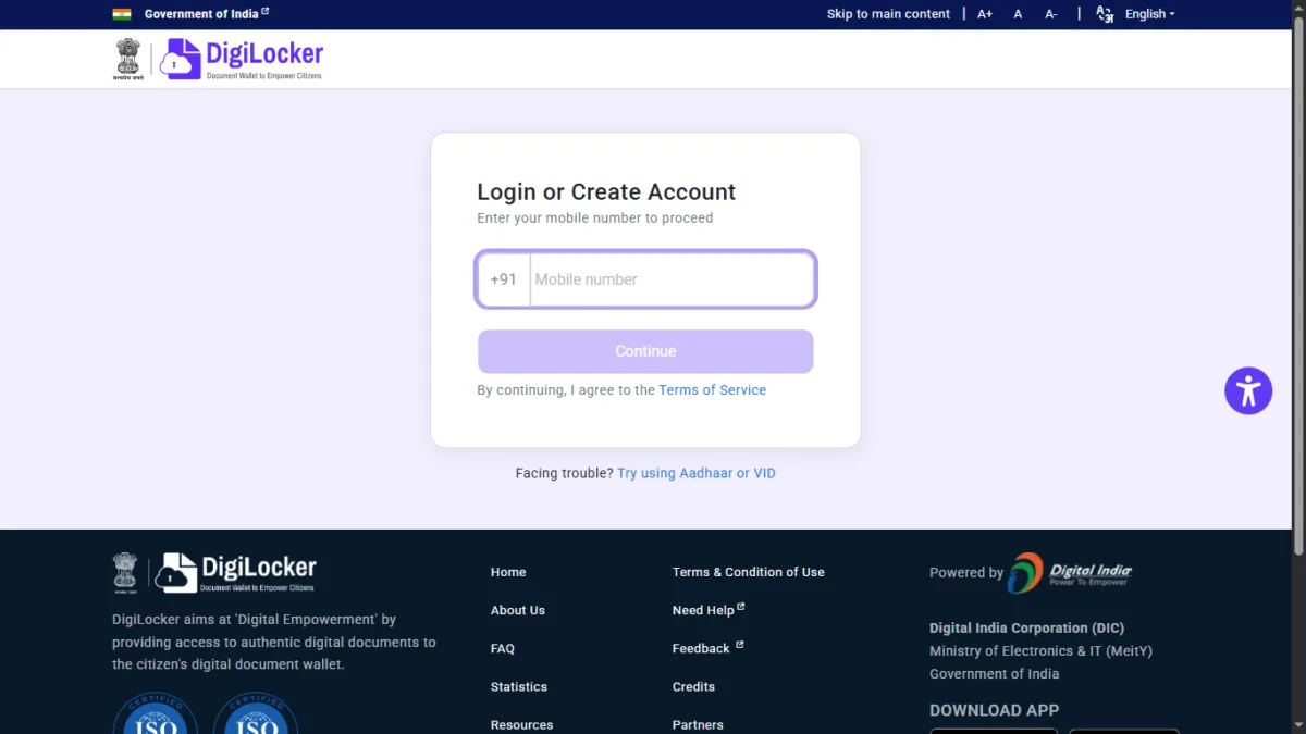 DigiLocker desktop web dashboard showing issued documents carousel and main navigation sidebar
