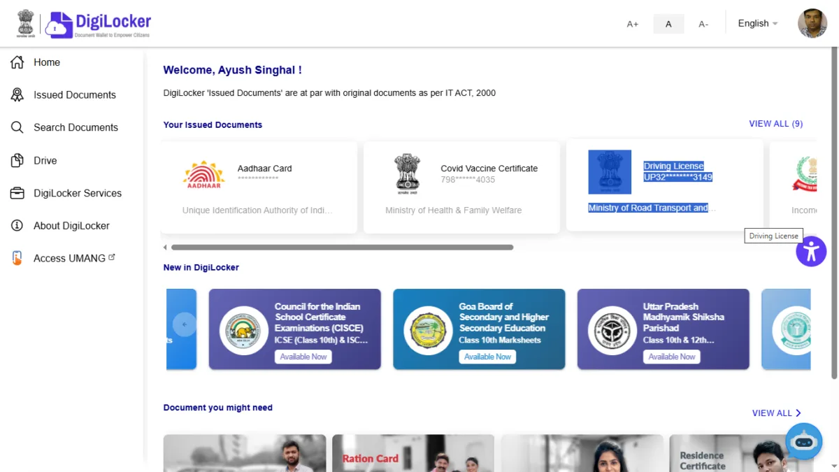 Digilocker Desktop dashboard