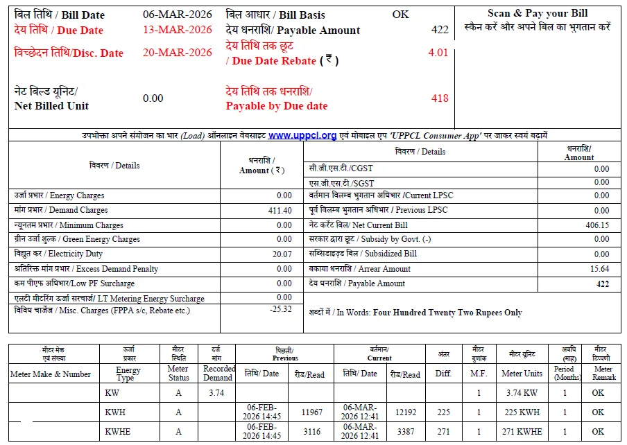 UPPCL rooftop solar electricity bill screenshot showing 225 imported KWH units, 271 exported KWHE solar units, zero net billed units, and ₹422 payable amount under net metering in Uttar Pradesh.