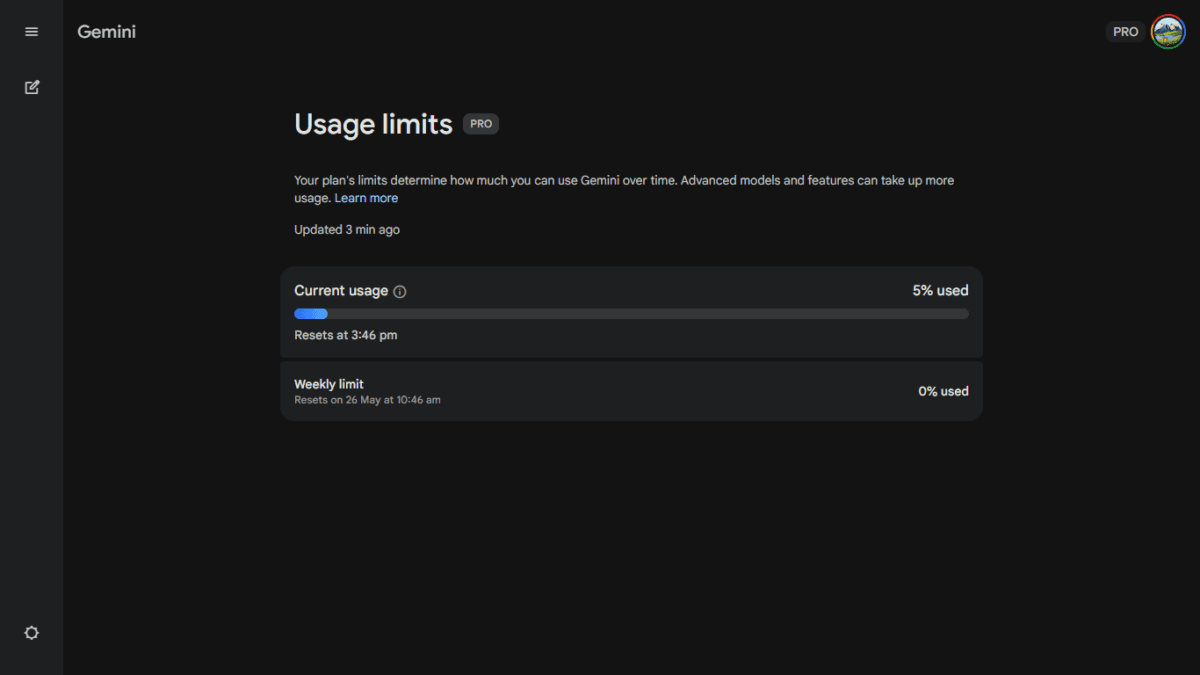 Google Gemini usage dashboard with current usage and weekly limit tracker