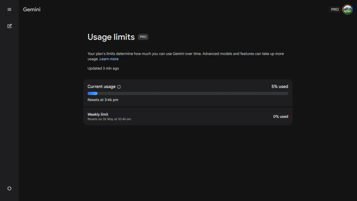 Google Gemini usage dashboard with current usage and weekly limit tracker