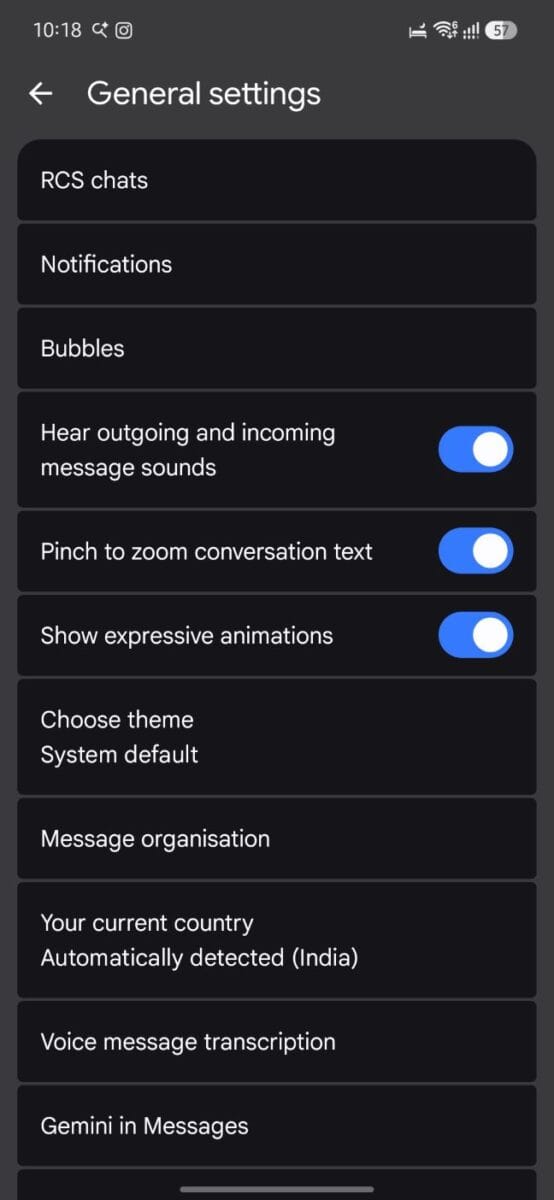 Screenshot: Google Messages General settings menu