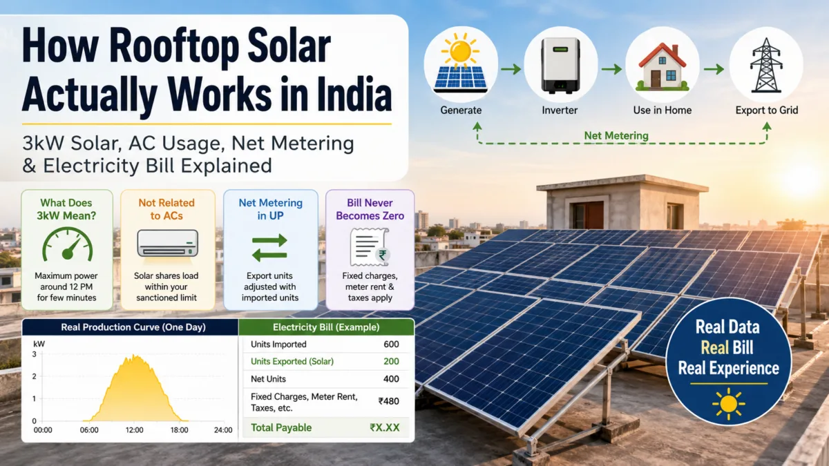 How Rooftop Solar Works in India: Understanding 3kW Solar, AC Usage, Net Metering, and Real Electricity Bills