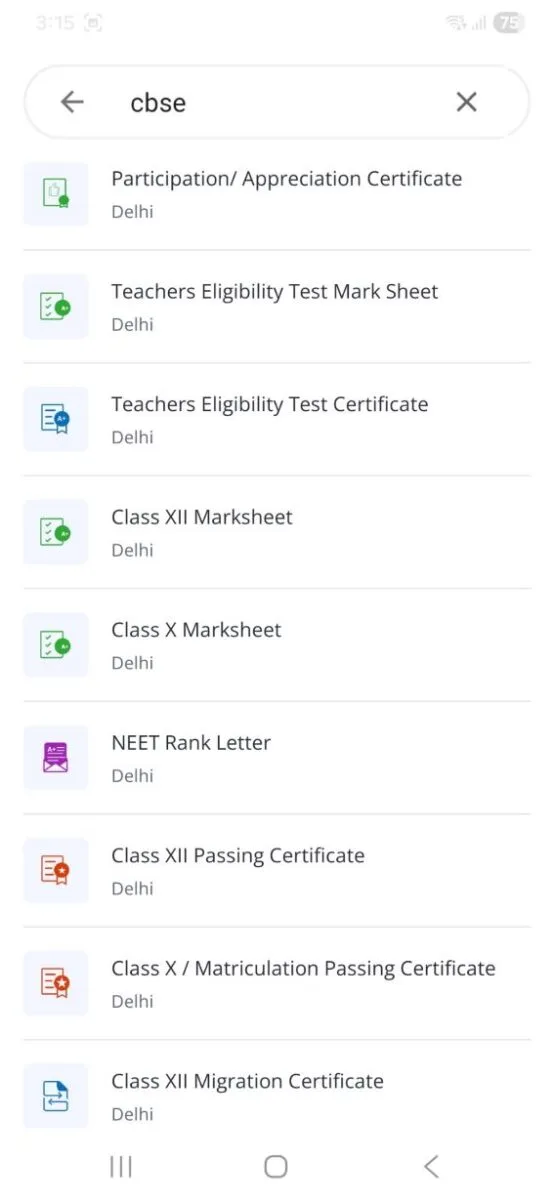 Searching for CBSE Class 10 and Class 12 marksheet options inside DigiLocker app[cite: