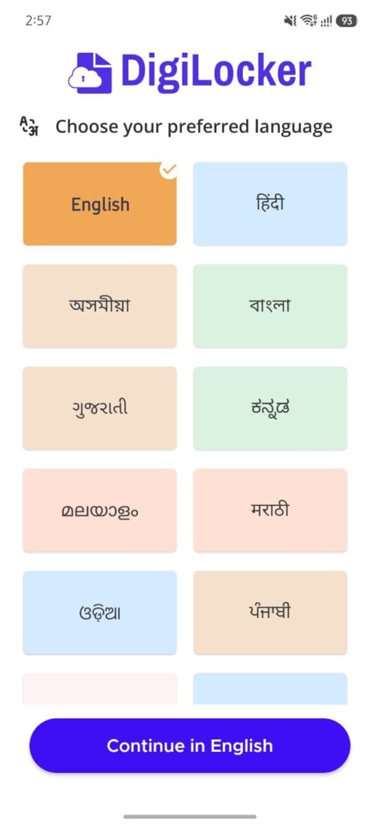 DigiLocker mobile app language selection screen showing regional language options.