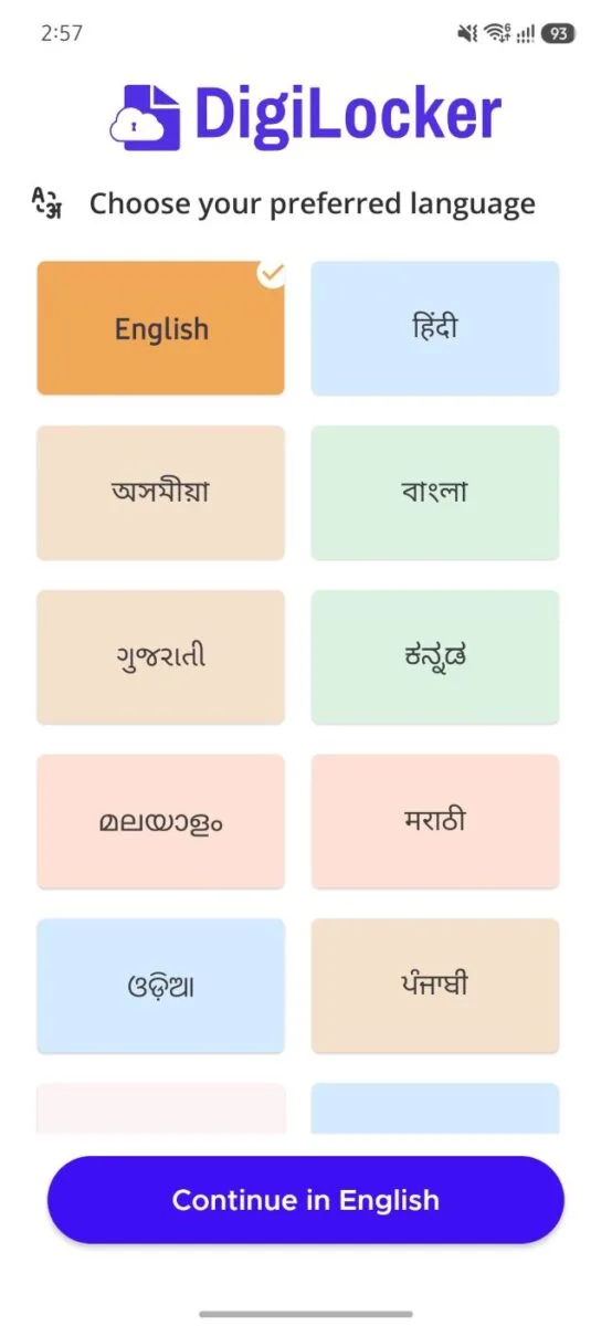 DigiLocker mobile app language selection screen showing regional language options.