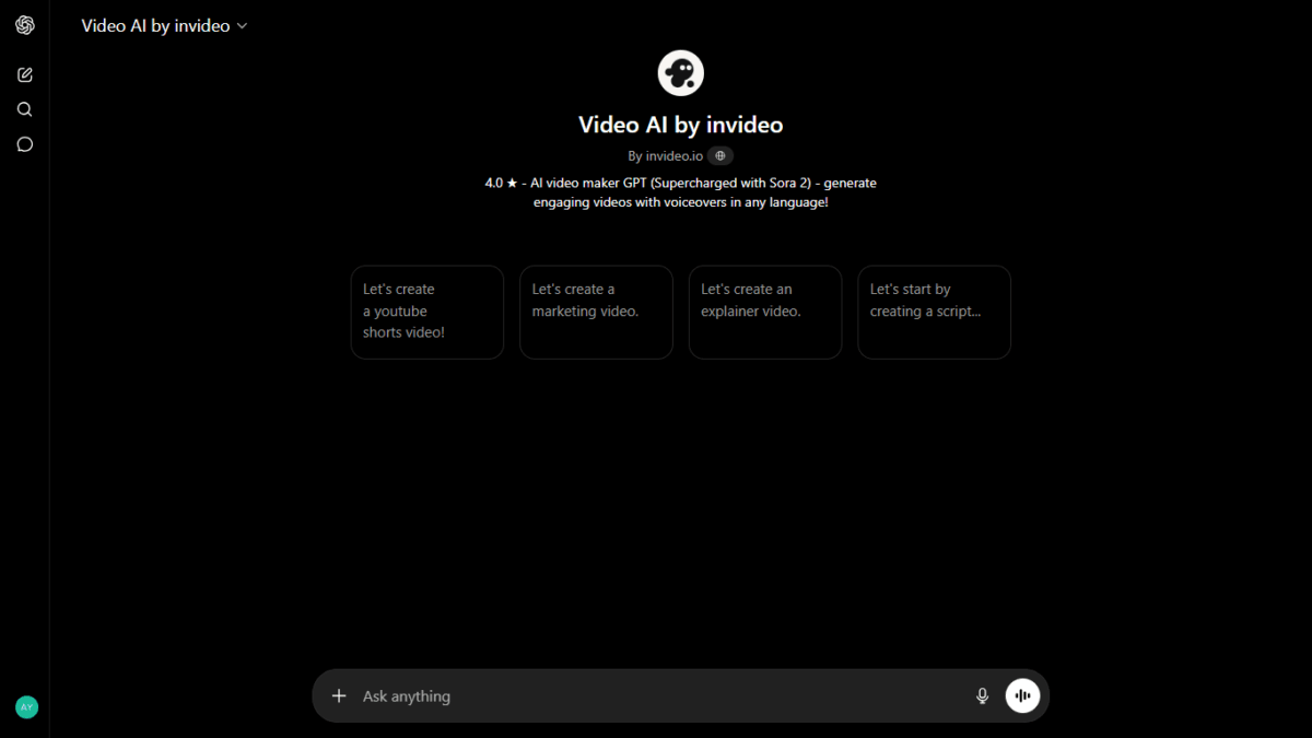 How to Make Faceless YouTube Videos with ChatGPT and Invideo AI: A Step-by-Step Guide 2 Video AI by Invideo GPT interface in ChatGPT supercharged with Sora 2