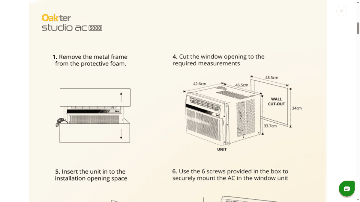 Oakter 0.5 Ton Ac Dimensions and Installation Details