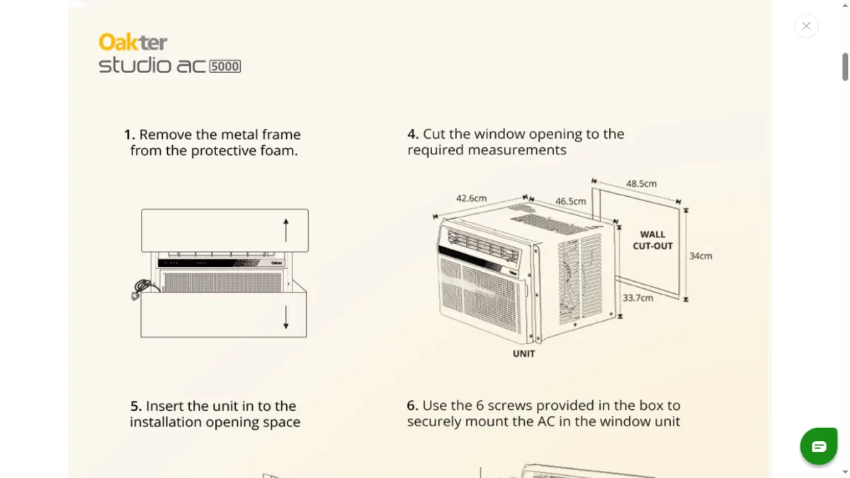 Oakter 0.5 Ton Ac Dimensions and Installation Details