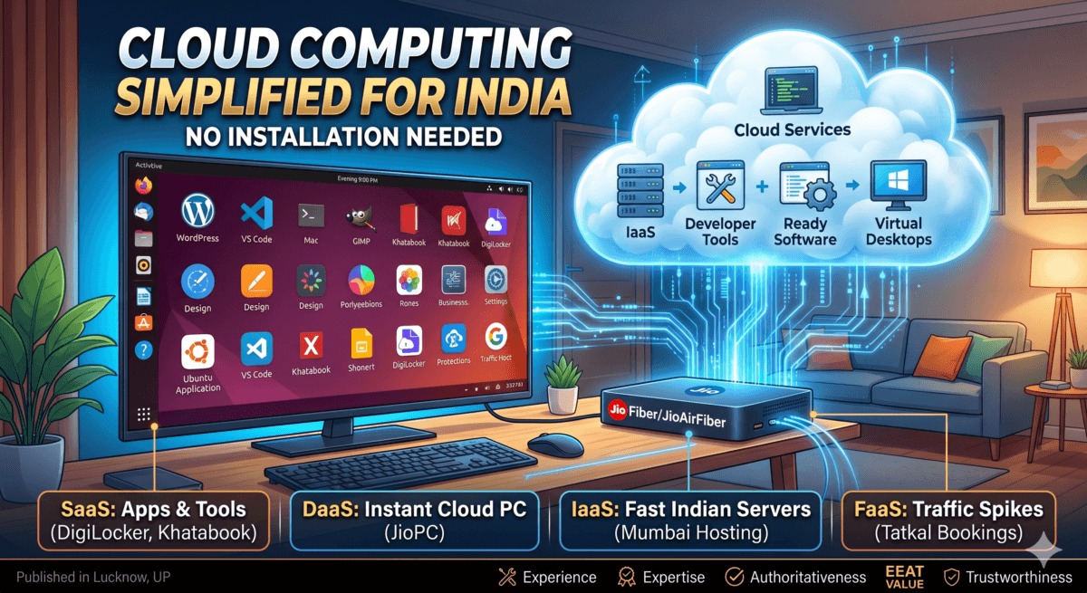 What is Cloud Computing? Meaning, Types, and Real Examples 1 nfographic explaining what is cloud computing in simple words with Indian examples like JioPC and DigiLocker.