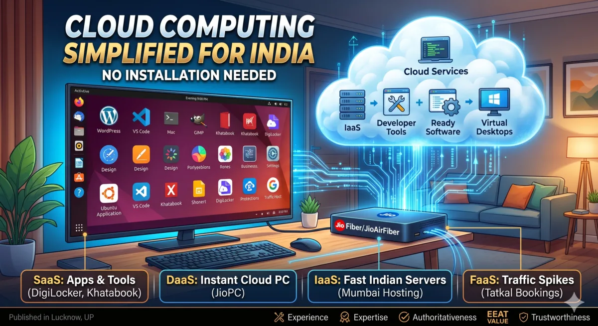 What is Cloud Computing? Meaning, Types, and Real Examples 1 nfographic explaining what is cloud computing in simple words with Indian examples like JioPC and DigiLocker.