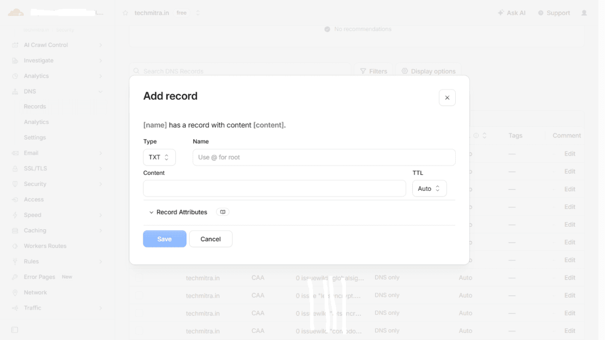 What is Brevo, Its Pricing, and How to Authenticate Your Website (Connecting DNS) 5 Cloudflare New DND add record Pop up
