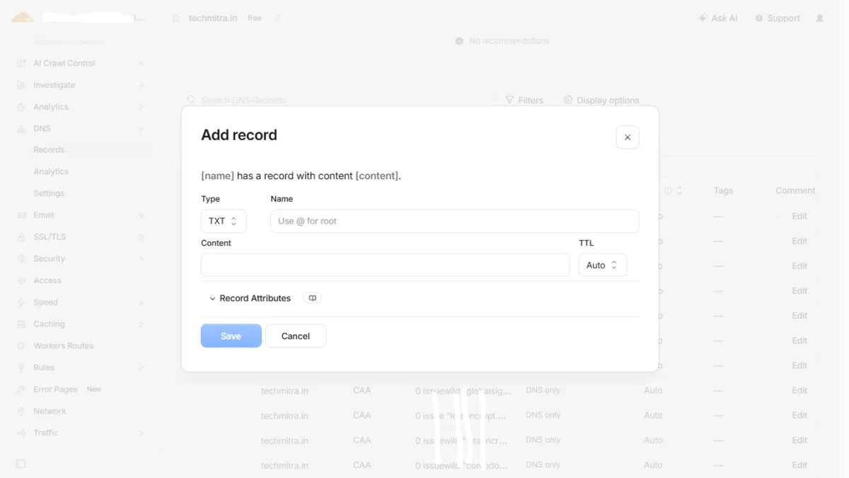 Cloudflare New DND add record Pop up