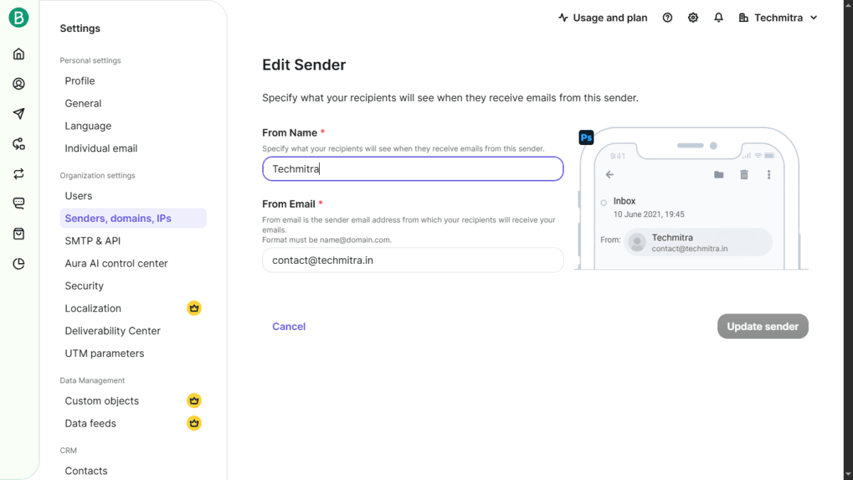Brevo sender page