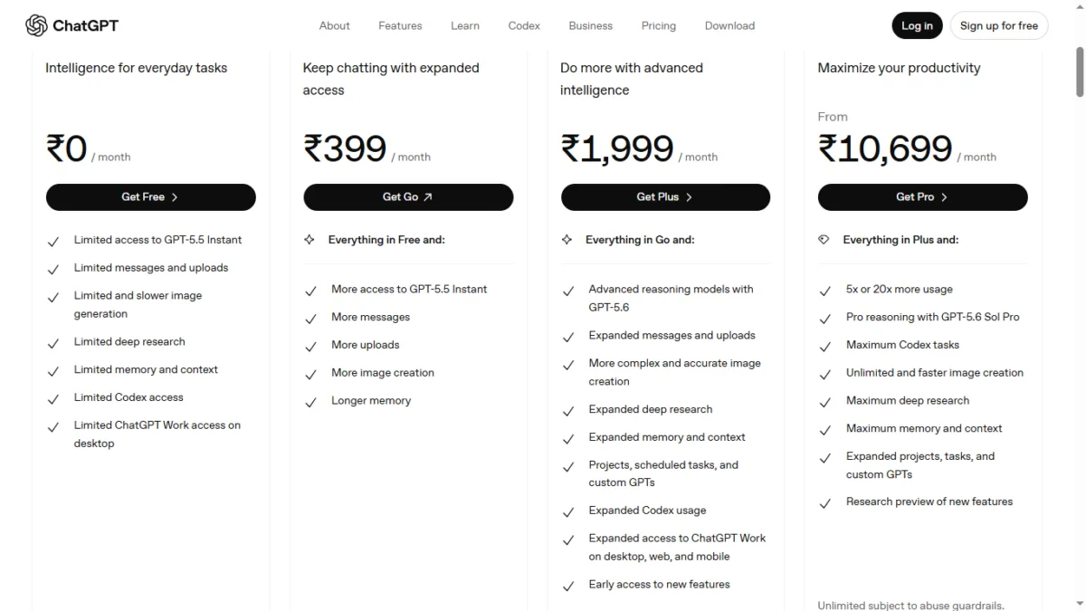 Claude AI Pricing in India: How It Compares to ChatGPT and Gemini (July 2026) 3 Screenshotted directly from ChatGPT's own pricing page