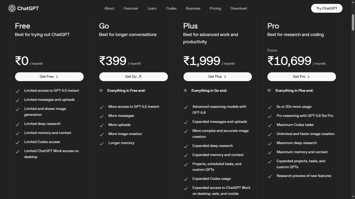 ChatGPT Free vs Go vs Plus vs Pro vs Business: Which Plan Should You Choose in 2026? 2 ChatGPT Free vs Go vs Plus vs Pro Pricing list