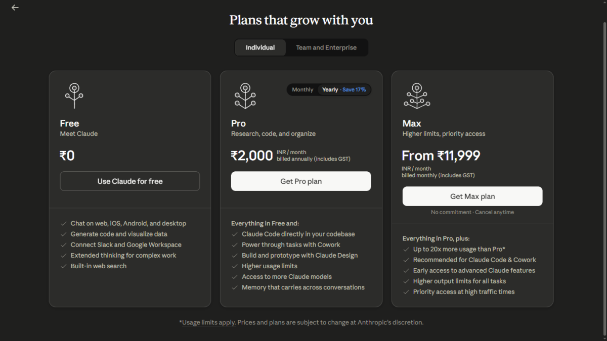 Screenshot Showing Claude AI Pricing India 