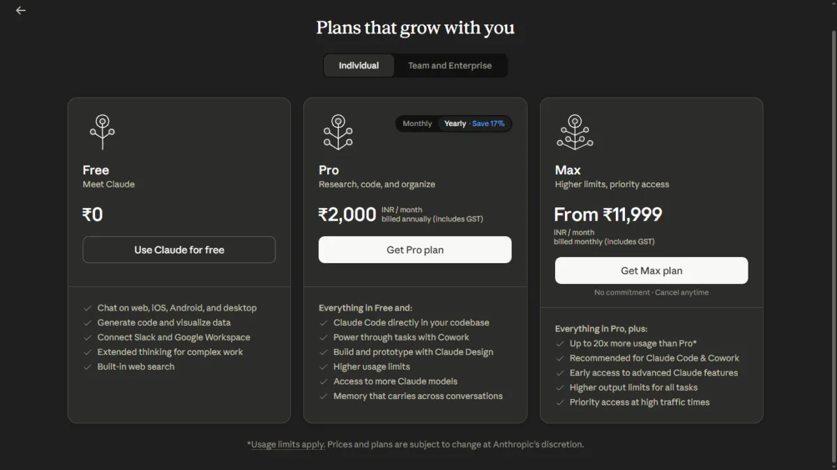 Claude AI Pricing in India: How It Compares to ChatGPT and Gemini (July 2026) 2 Screenshot Showing Claude AI Pricing India