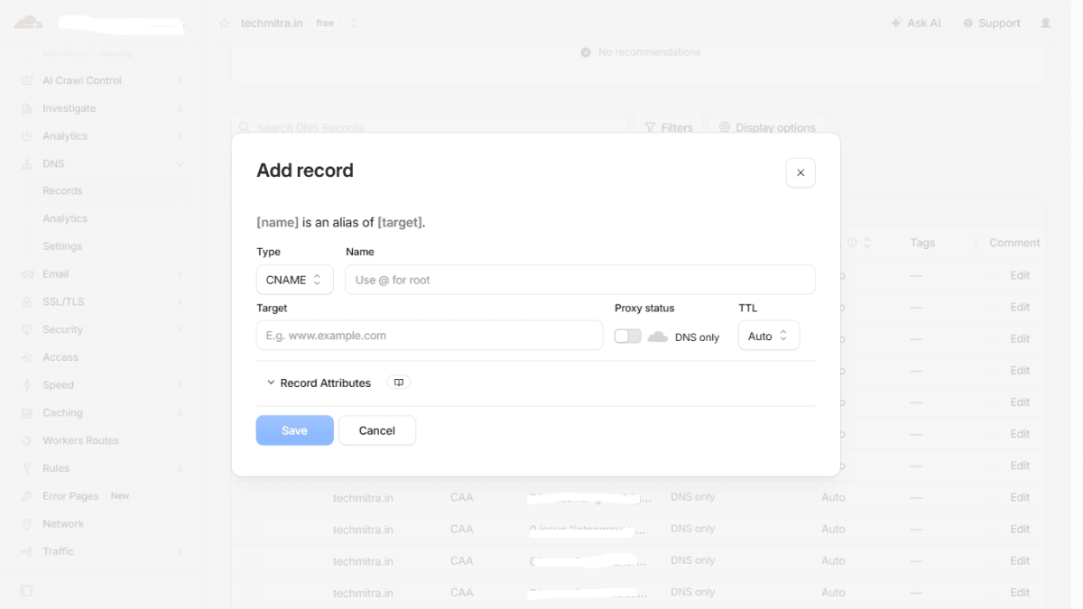 What is Brevo, Its Pricing, and How to Authenticate Your Website (Connecting DNS) 6 Cloudflare New DND add record Pop up- CNAMe