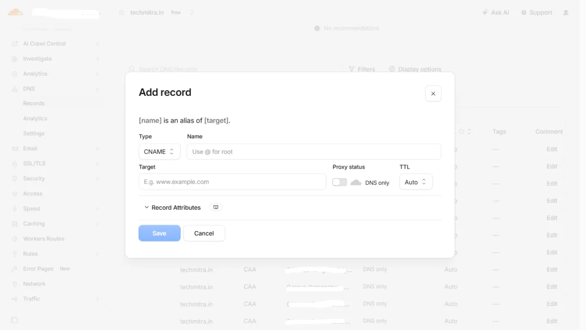 Cloudflare New DND add record Pop up- CNAMe